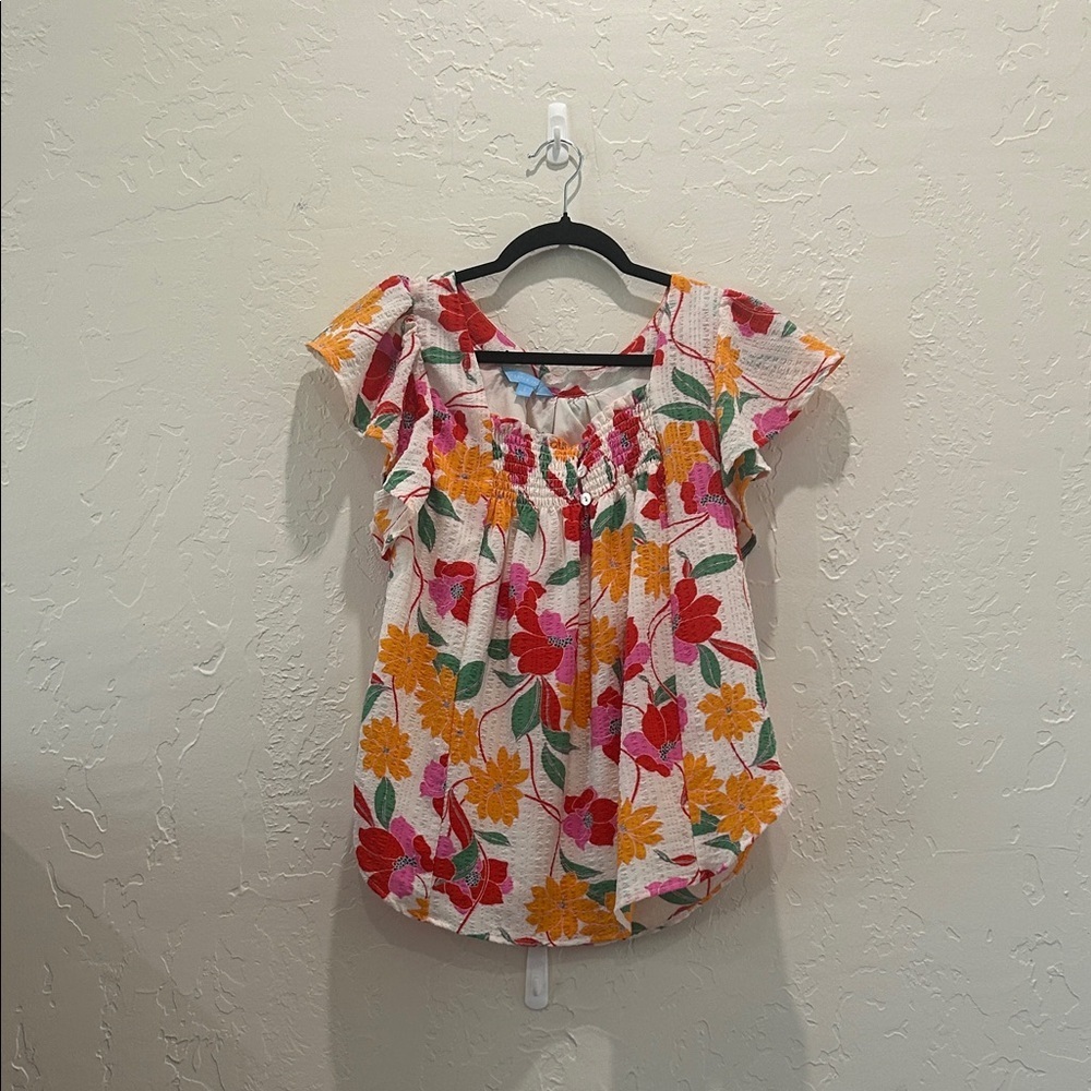 Draper James White Flutter-Sleeve Floral Blouse with Pink & Yellow Blooms